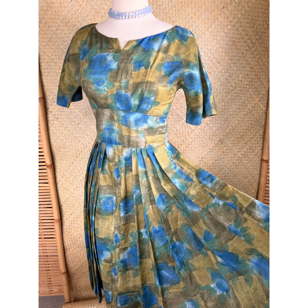 Vintage 1950’s Blue Green Watercolor Abstract Floral Dress MAD Men Style